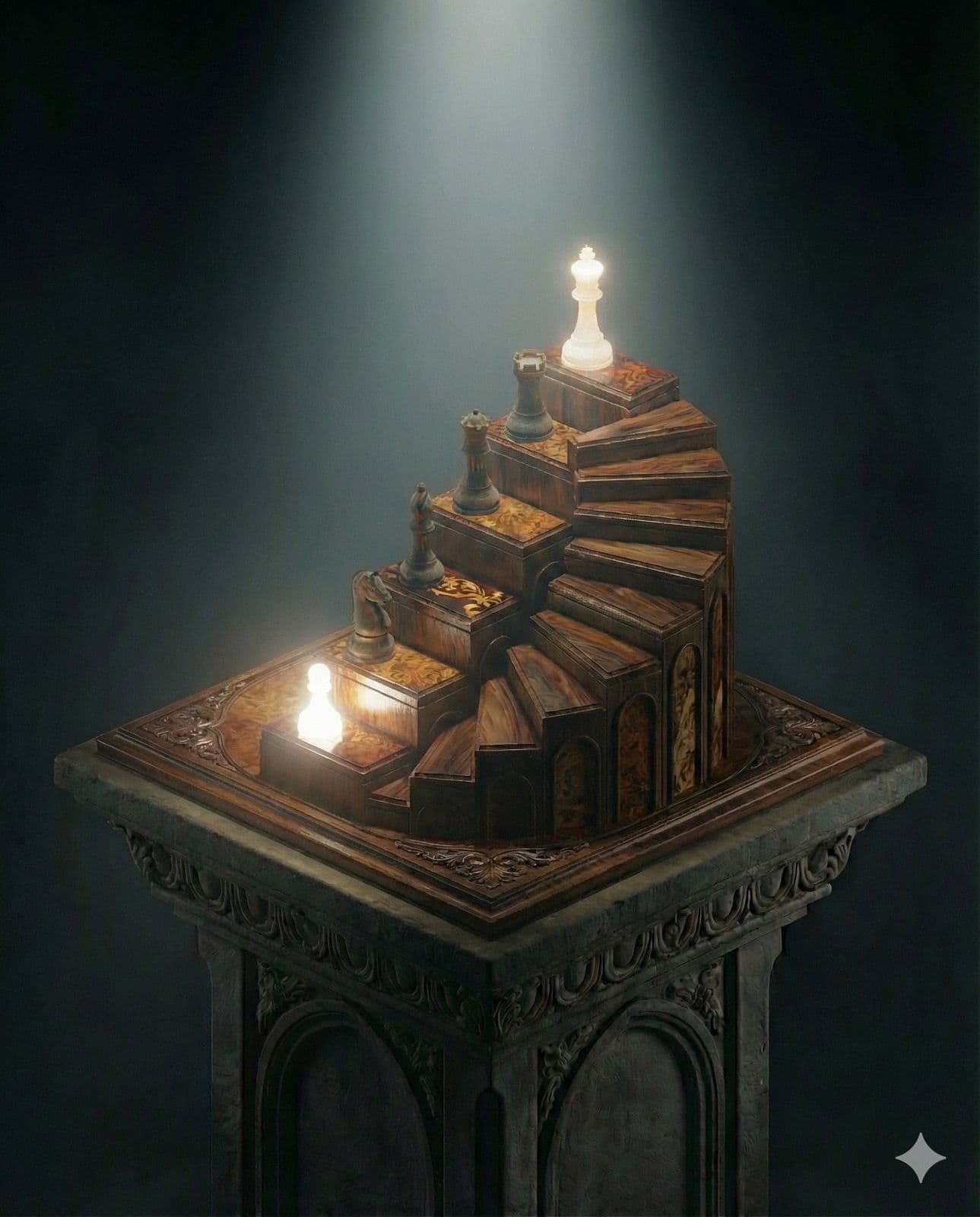 Chess pieces ascending a carved staircase toward the king, representing the path to mastery